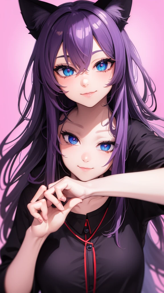 ((best quality)), ((masterpiece)), (Ultra detailed), ((4k)) , ((Eyes Details))
Solo , Purple Hair , Blue eyes , Cute Face , Middle Ages, Cat Ears , Cute Smile ,
Red Long Shirt , Plain Shirt , Headphone Neck , Cute Pose