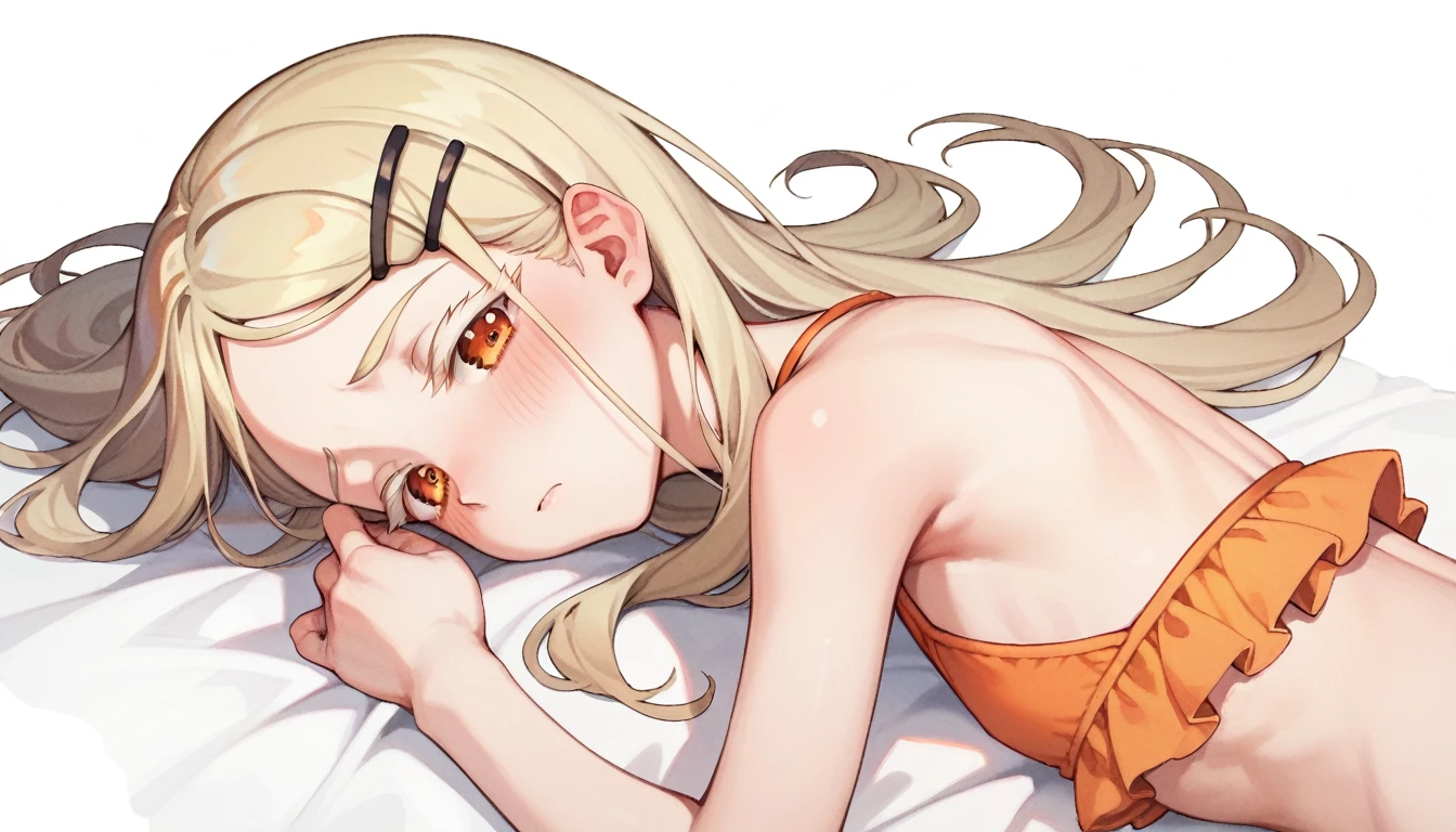 Highest quality, masterpiece, No correction, Beark,shinosawa hiro,thin,Orange eyes,White eyelashes,Blonde,Long Hair,Hair Clip,,cute panties, Head Focus,flat chest,white background,lying,