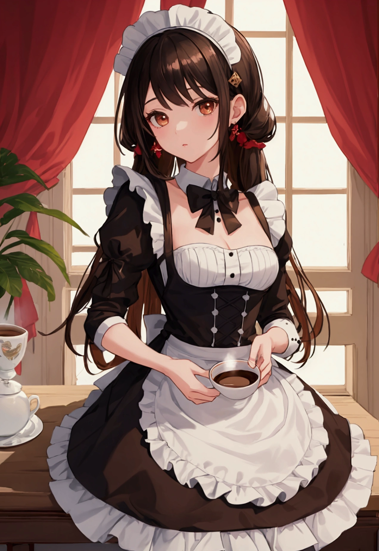 masterpiece, Highest quality, Absurd, Super detailed,One girl, Black Hair,Maid clothes,152 cm,cute,round face,Brown eyes,coffee