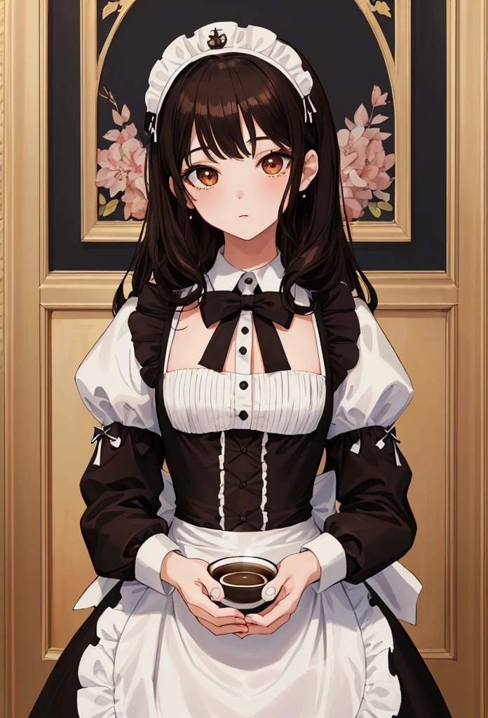 masterpiece, Highest quality, Absurd, Super detailed,One girl, Black Hair,Maid clothes,152 cm,cute,round face,Brown eyes,coffee
