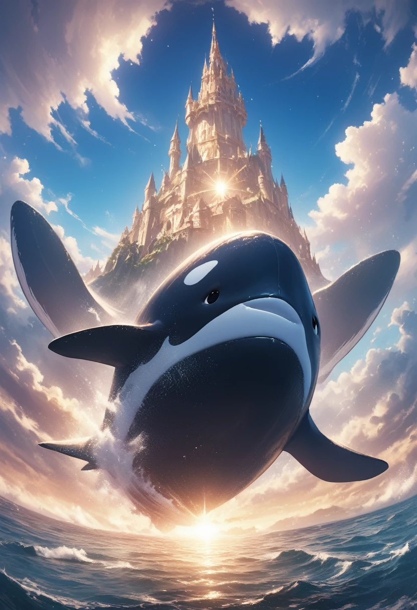 a digital paining of whale (flying over a castle: 1.3) in the middle of the sea, a giant whale an (epic killer whale: 1.3), (anatomically correct: 1.3) flying over a fantasy (castle at sea: 1.2), the castle is big with towers and turrets, its a wavy sea, its a sunny day, sun rays, Ultra-high resolution, High Contrast, (masterpiece:1.5), highest quality, Best aesthetics), 16K fantasy art, best details, best quality, highres, (ultra wide angle: 1.2), 16k, [ultra detailed], masterpiece, best quality, (extremely detailed),  magical sky, digital painting