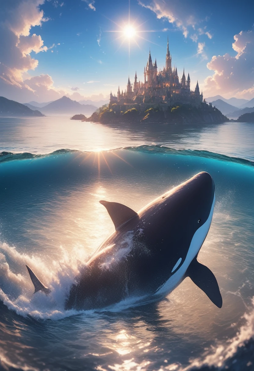 a digital paining of whale flying over castle in the middle of the sea, a giant whale an (epic killer whale: 1.3), (anatomically correct: 1.3) flying over a fantasy (castle at sea: 1.2), the castle is big with towers and turrets, its a wavy sea, its a sunny day, sun rays, Ultra-high resolution, High Contrast, (masterpiece:1.5), highest quality, Best aesthetics), 16K fantasy art, best details, best quality, highres, (ultra wide angle: 1.2), 16k, [ultra detailed], masterpiece, best quality, (extremely detailed),  magical sky