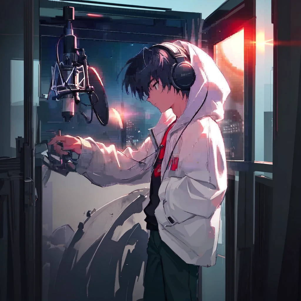 Anime boy with white hair, dressed in a formal business style in studio with headphones, (standing) night core, Loepfe art style, high quality anime art style, anime wallpaper 4 K, anime wallpaper 4K, anime art wallpaper 8 K, anime style. 8k, anime style 4k, anime wallabies, 4k anime wallpapers, ig studio anime style, anime boy, anime art style