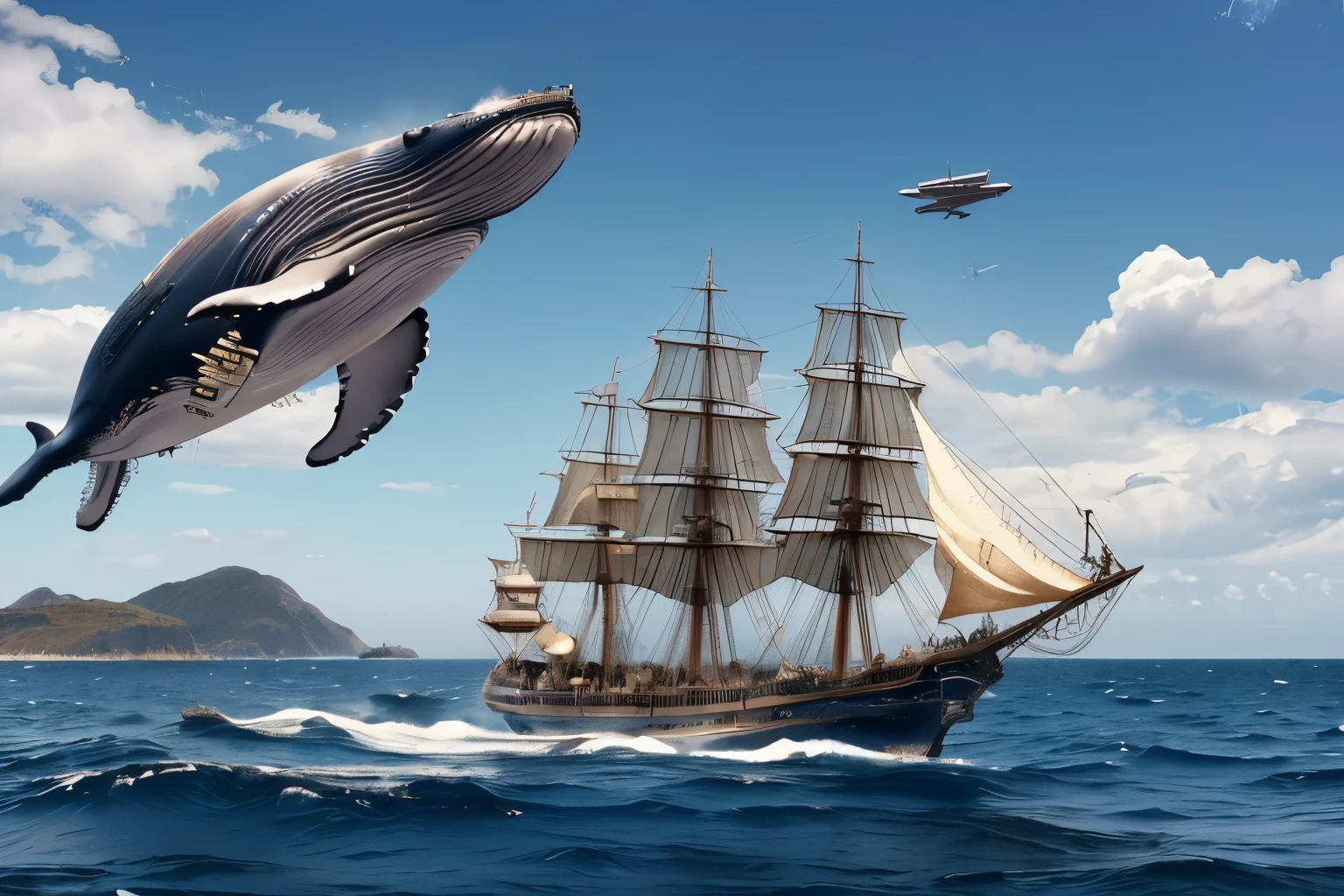 (Realistic whale flying in the sky、Equipped with anti-gravity device:1.4)、(Steampunk steam ship flying in the sky:1.2)、(A whale and a sailing ship fly side by side in the sky:1.2)、Fantastic World、(Steampunk World)、Steampunk design、Detailed steampunk illustration、delicate and dynamic、