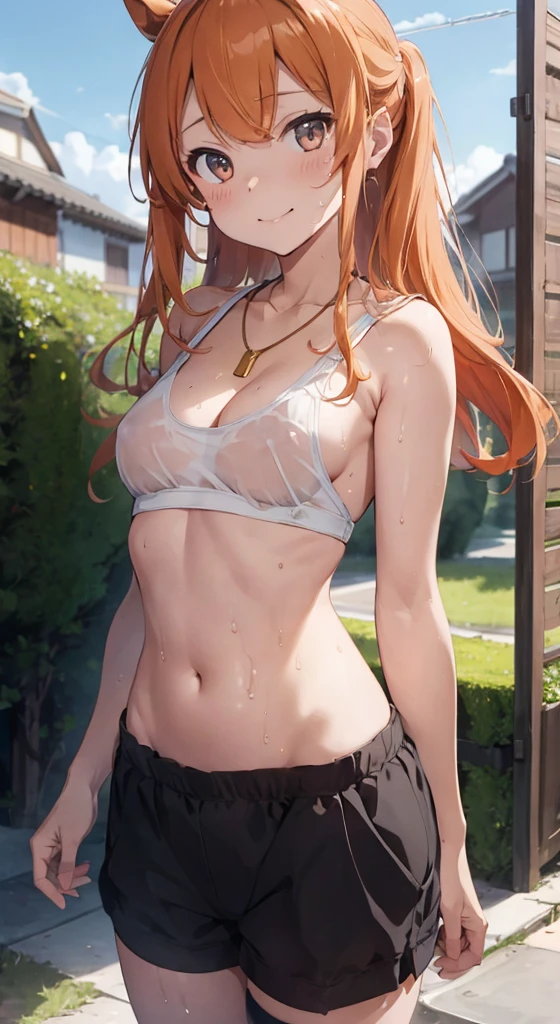 nsfw, masterpiece, 1 girl, topless, intricately detailed, navel, necklace, orange hair, jogging pants, smiling, extremely detailed, photorealistic, octane render, 8 k, unreal engine., bare breasts, bare stomach, sweaty, beautiful face, small breasts, flat chest, silence suzuka \(umamusume\), park, horse ear, horse tail, bare shoulders, nipples, holding water bottle, nude