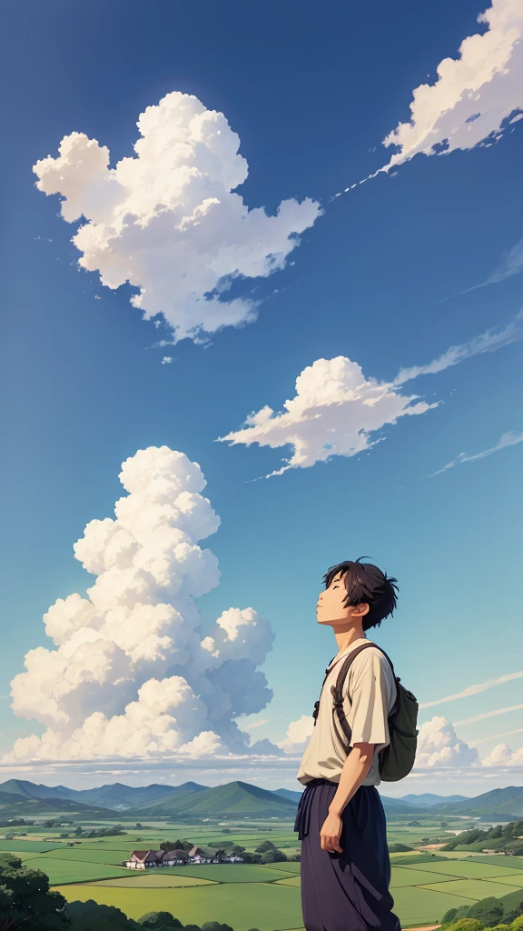 Close-up of a man standing on a cross with pink clouds on the background, inspired by Yoshio Mano, pink color palette, anime movie, hayao miyazaki movie, miyazaki movie, your name movie style, anime movie poster, lying in white cloud wonderland, anime stills movie anime shishiki, Ghibli movie, Tatsuyuki Tanaka movie poster --auto --s2