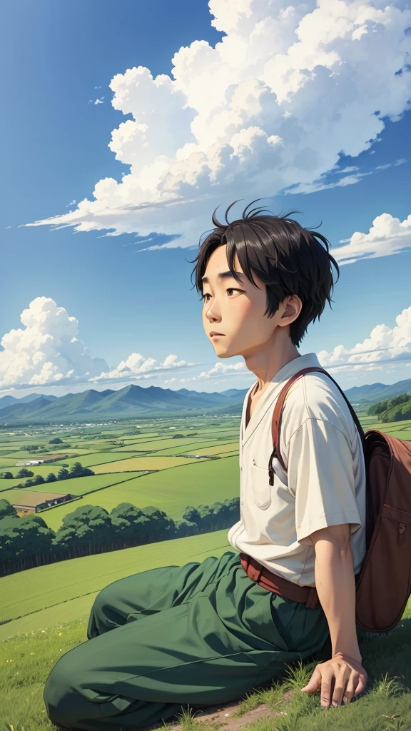 Studio Ghibli style. Japanese man from the previous scene in a serene countryside with rolling hills, clear skies looking up at the sky with a sense of wonder as the clouds begin to form