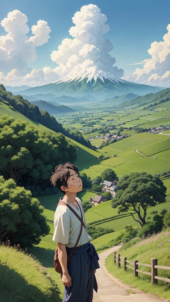 Studio Ghibli style. Japanese man from the previous scene in a serene countryside with rolling hills, clear skies looking up at the sky with a sense of wonder as the clouds begin to form