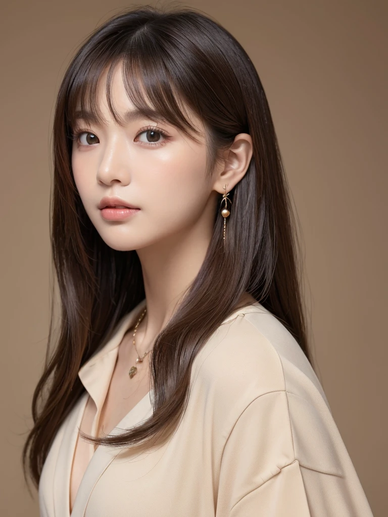 ((Highest quality, 8k, masterpiece:1.3)), concentrate: 1.2, Perfect body beauty: 1.4, Hips: 1.2, ((Long Hair, chest: 1.2)), (Dry clothes: 1.1) , (clear, Simple Background:1.3), Simple clothes: 1.1, Highly detailed face and skin texture,Delicate eyes, double eyelid, Whitened skin, Rough skin、Long Hair、Earrings with bangs、necklace、 solo、Beige coat、White shirt, (((Beautiful girl with cute Japan)))、 ((Beautiful Japanese girl 20 years old))、 ((Baby Face))、 (((Slender body)))、 Upper Body,Face focus、necklace,Simple Background,From above, Realistic Hair、 A photograph was taken:Canon EOS R6、135mm、1/1250 seconds、f2.8、ISO400、(Detailed explanation of the hand)、(Masseter muscle area)、(Exquisite CG)、Long Hair, loose and curly hair、Korean Hair、Long Hair明るいベージュ色、グラデーションハイライトグレージュのゆるふわLong Hairスタイル、