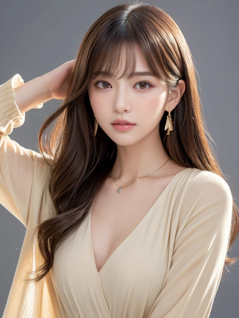 ((Highest quality, 8k, masterpiece:1.3)), concentrate: 1.2, Perfect body beauty: 1.4, Hips: 1.2, ((Long Hair, chest: 1.2)), (Dry clothes: 1.1) , (clear, Simple Background:1.3), Simple clothes: 1.1, Highly detailed face and skin texture,Delicate eyes, double eyelid, Whitened skin, Rough skin、Long Hair、Earrings with bangs、necklace、 solo、Beige coat、White shirt, (((Beautiful girl with cute Japan)))、 ((Beautiful Japanese girl 20 years old))、 ((Baby Face))、 (((Slender body)))、 Upper Body,Face focus、necklace,Simple Background,From above, Realistic Hair、 A photograph was taken:Canon EOS R6、135mm、1/1250 seconds、f2.8、ISO400、(Detailed explanation of the hand)、(Masseter muscle area)、(Exquisite CG)、Long Hair, loose and curly hair、Korean Hair、Long Hair明るいベージュ色、グラデーションハイライトグレージュのゆるふわLong Hairスタイル、