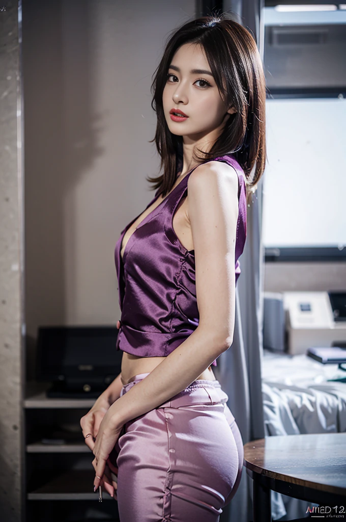 (best qualtiy,8k,32K,tmasterpiece,,realisticlying,The is very detailed, hyper HD:1.2),1girll, Female celebrities,Exquisitehands, a narrow waist,Purple top,Open jacket,office lady,Business suit,trouser,from back,office room,Office desk,(stick out buttocks:1.2),Cocked buttocks,Detailed face,short detailed hair,absurderes,Background bokeh, satin flowing pant, protruding beautiful wide hips