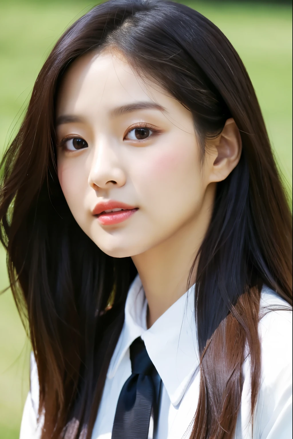 a close up of a woman with long hair wearing a white shirt and a black tie, jinyoung shin, portrait of jossi of blackpink, sun yunjoo, lalisa manobal, portrait of female korean idol, jaeyeon nam, park ji-min, iu, lee ji-eun, lee ji - eun, official artwork, heonhwa choe, sha xi