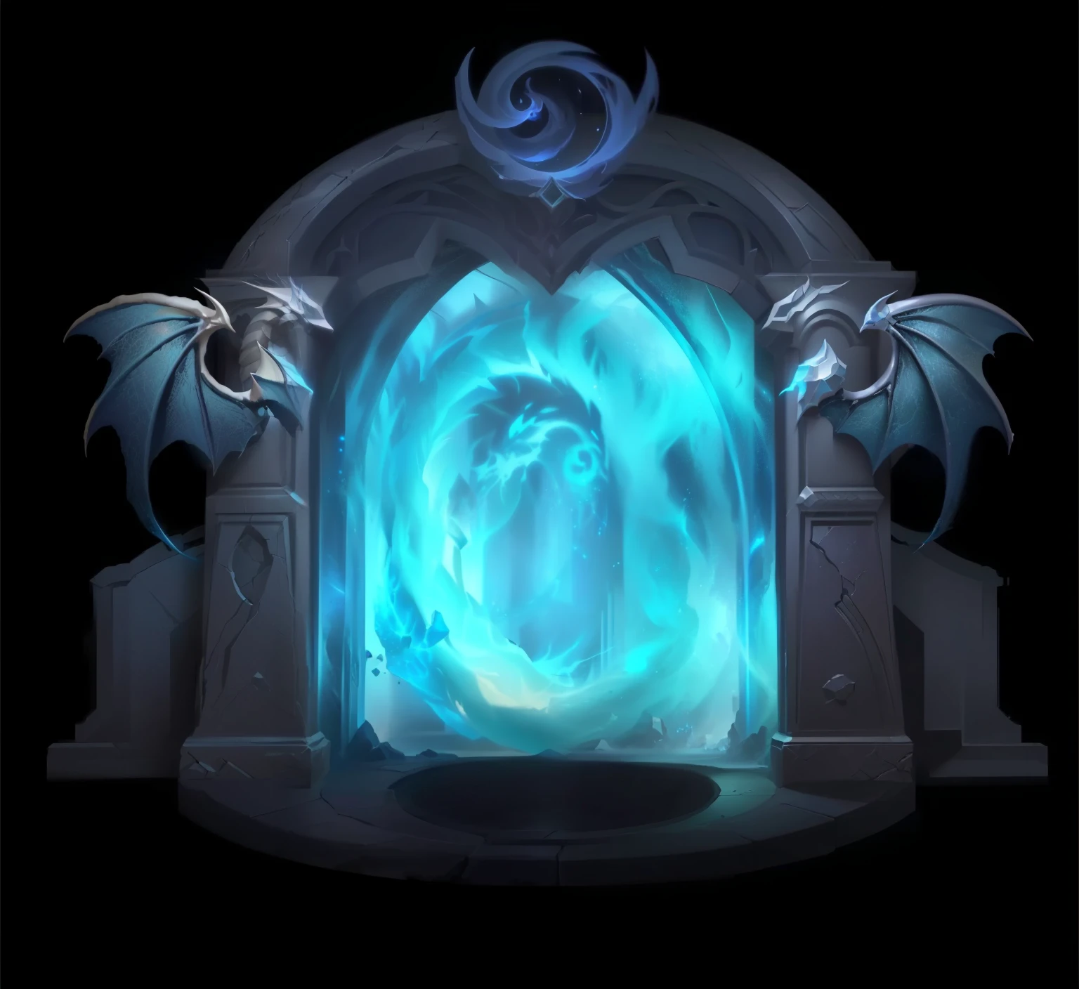 magical portal，swirl, Two stone dragons on the left and right，Portal to the Etheric Realm, Portal to the Lost Realm of Flame, Dark Dimension Portal,Magic portal opened, swirl传送门 放逐长老, Door to the Deep，Diablo Immortal concept art