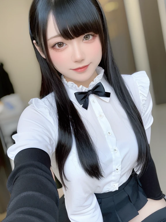 Beautiful and fair、Glowing Skin, , nice, bright, Refreshing and gentle look, Perfect beautiful face、Beautiful shiny bangs, Very beautiful 17 year old girl, eyeliner, Very perfect eyes,smile,,black hair, thigh highs, long hair, jirai kei, skirt, rings, jewelry, black thigh highs,Black mask, shirt, cross, black skirt, frills, gothic, bow, tattoo, ribbon, long sleeves