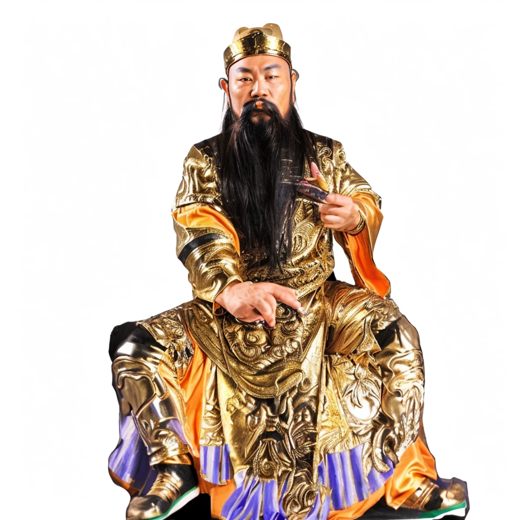 an ancient chinese man, wearing golden robes, golden hat, long beard, holding a belt near the chest, taoist priest, silky robe, 