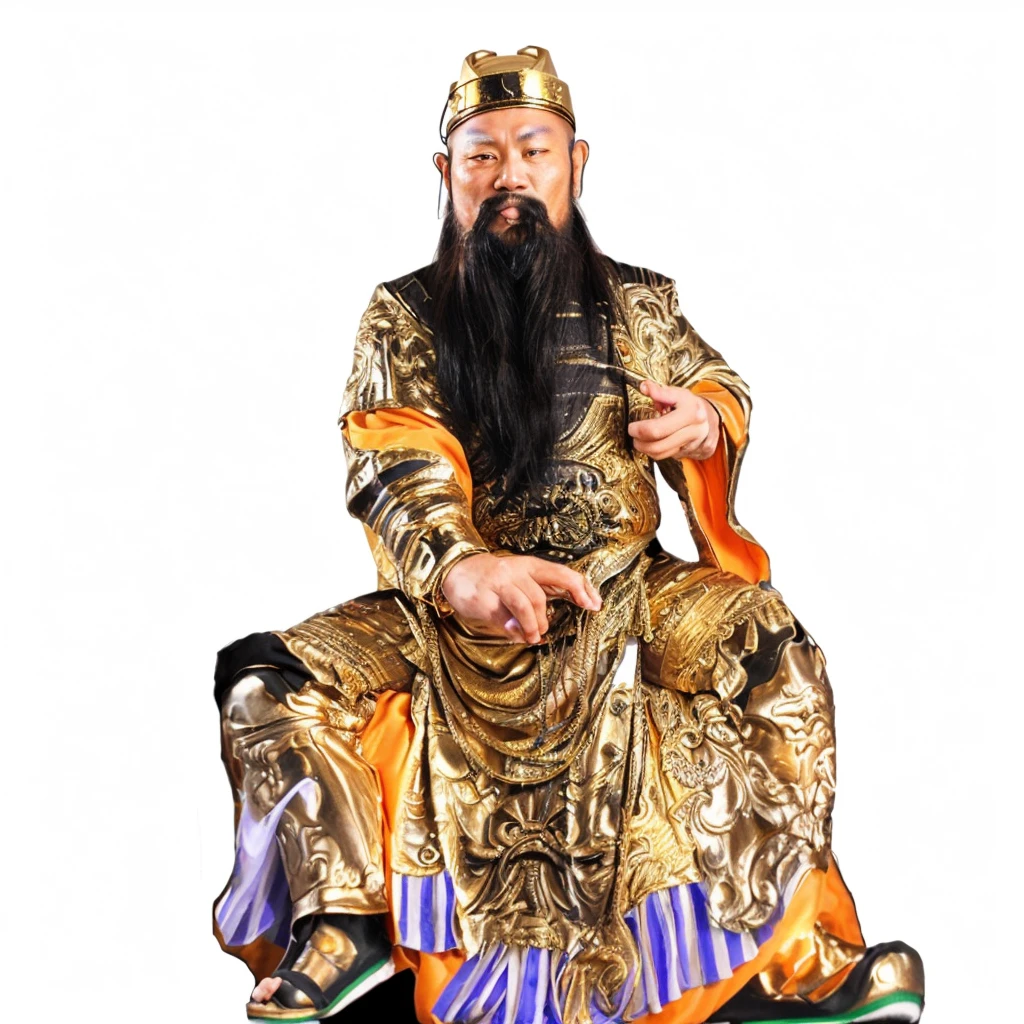 an ancient chinese man, wearing golden robes, golden hat, long beard, holding a belt near the chest, taoist priest, silky robe, 