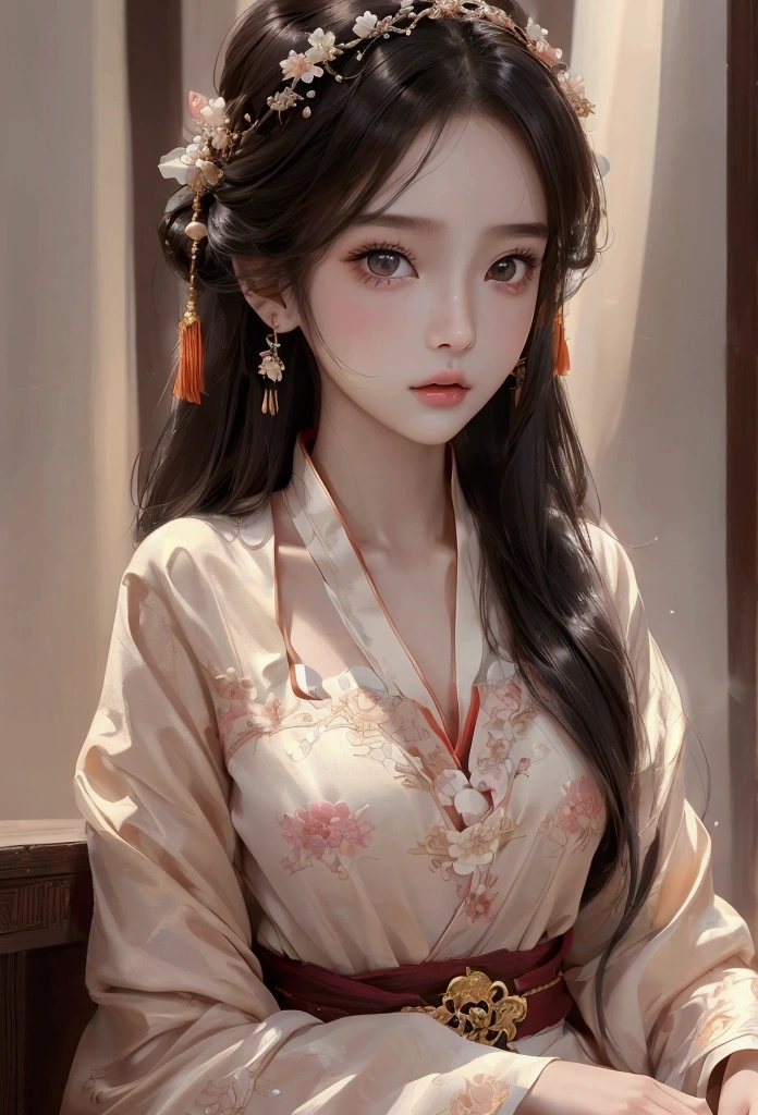 Best image quality、8k、masterpiece:1.3))、Realistic high-quality photos、Highest quality、 Beautiful face、Photos of slim models、Beautiful girl model、Young and pretty face、Beautiful model girl、A lovely and delicate face、Black Hair、Beautiful brown eyes、Young Body、Hanfu, (emphasize)、from the front、Camera gaze,、Anatomically correct、胸の谷間をemphasize、whole body、13-year-old female model