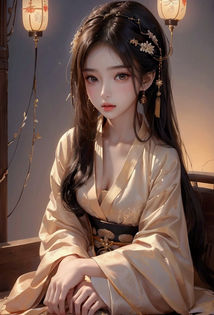 Best image quality、8k、masterpiece:1.3))、Realistic high-quality photos、Highest quality、 Beautiful face、Photos of slim models、Beautiful girl model、Young and pretty face、Beautiful model girl、A lovely and delicate face、Black Hair、Beautiful brown eyes、Young Body、Hanfu, (emphasize)、from the front、Camera gaze,、Anatomically correct、胸の谷間をemphasize、whole body、13-year-old female model
