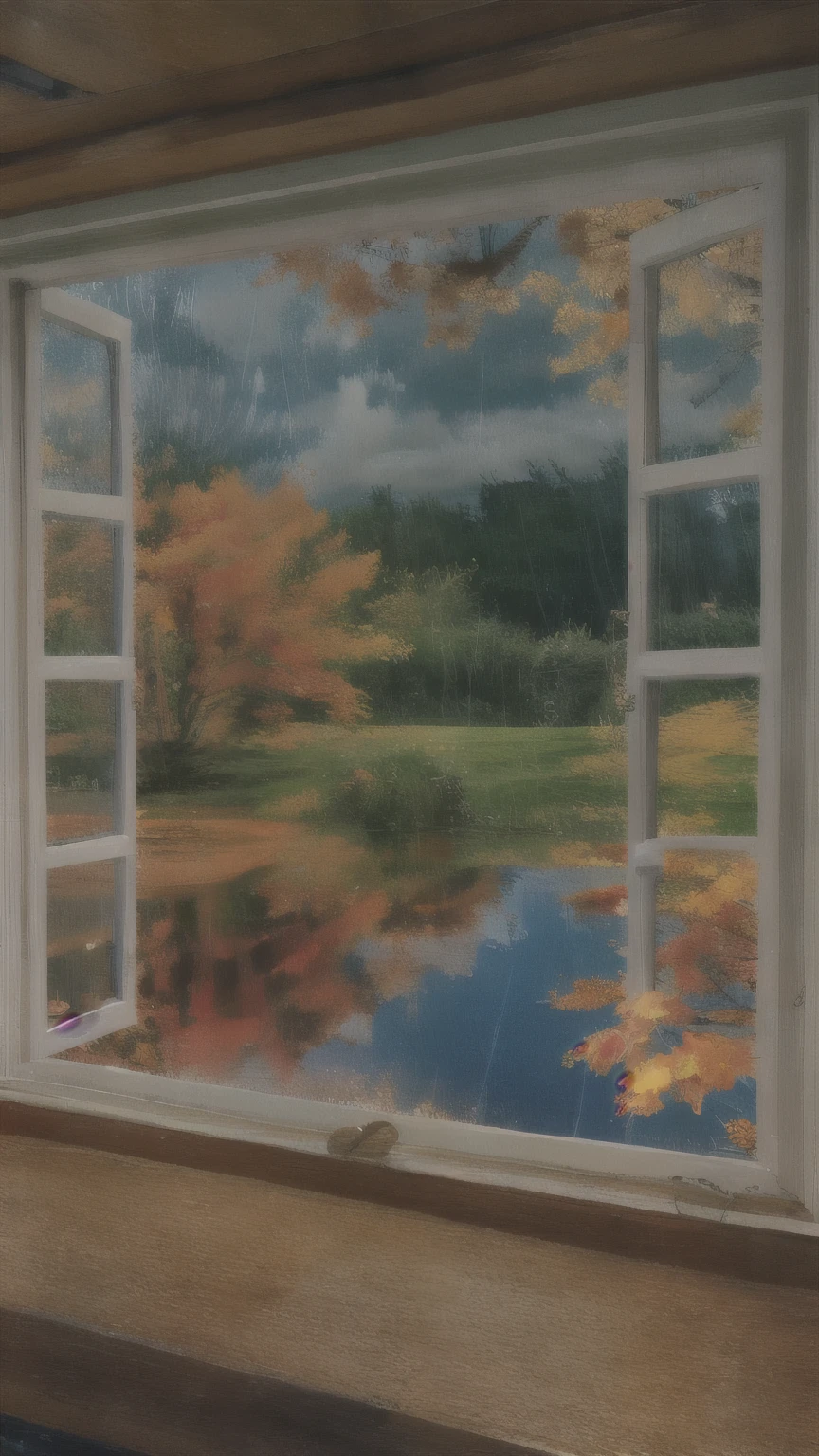 there is a window with a view of a tree outside, window ( rain ), fall leaves outside, autumn leaves, autumn rain turkel, raining outside the window, rainy window, it is raining outside the window, rainy day outside, raining outside, rain falling, rain falls, it's raining outside, rainy outside, rain!!!!, beautiful image, rainy mood, hyperrealistic fall, inside on a rainy day