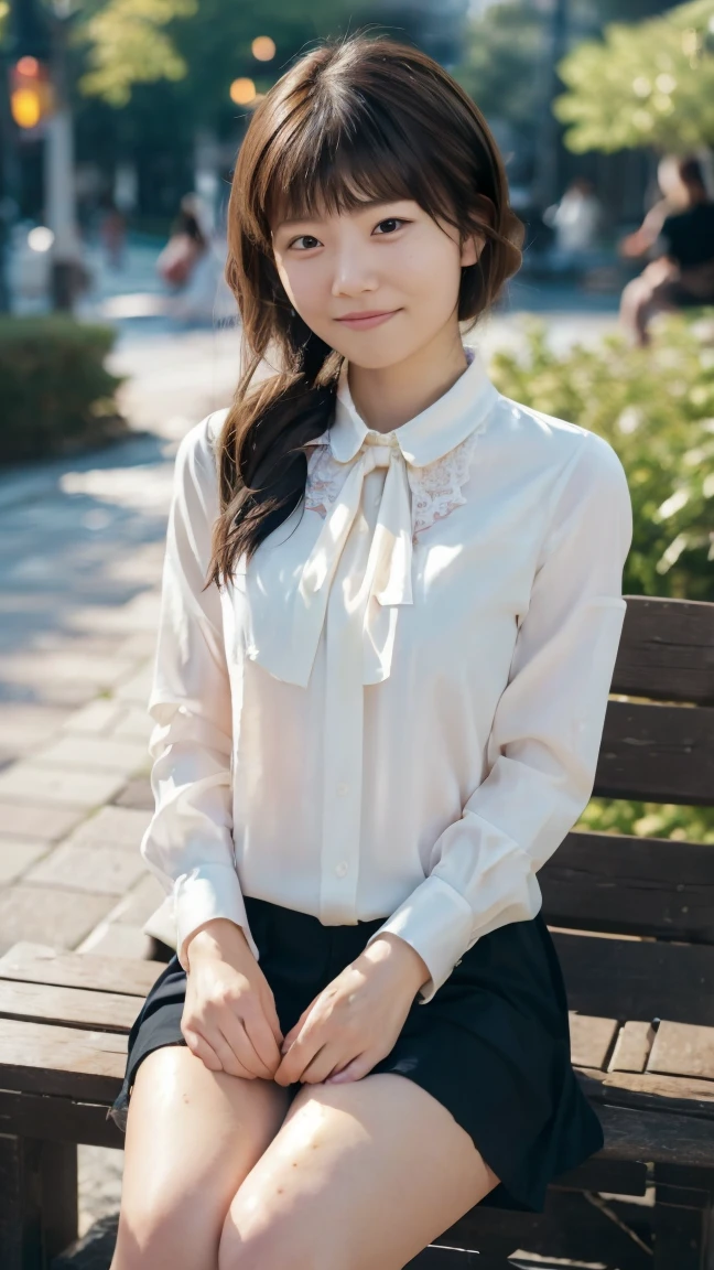 ((from below:1.5)), ((whole body:1.5)), (ultra detailed), (masterpiece), (best quality), Highest quality, Realistic, Surreal, Highest quality, Extremely detailed CG, Very delicate and beautiful, 16K wallpaper, High resolution, 1 Girl, 38歳の日本people々woman, (small eyes:1.5), ((Two very small moles on my right cheek:1.5)), (Skin dents), Medium Chest, (bright), (Professional Lighting), (On University Campus), people々, Long Hair, (bangs:1.5), ((blouse:1.5)), (I wore it:0.8), Nice, bloom, Floating Hair, (Dynamic pose:0.6), Chaoyang, bench, Sitting, Spread your legs, (Shy Smile:1.2), Thin lips, slim, (Highly detailed face), (Highly detailed facial expressions), (Face the front completely:1.5), ((Looking into the camera:1.5)), Slender body, Large file size,