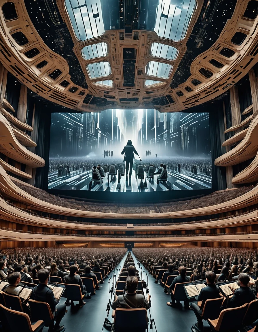 Panopticon Upside-Down: Double Exposure auditorium in action, star wars, in the style of olympus af-1 (aka olympus infinity) of Echoing Void, Whispered Features, Land's Legacy, alien playing violine, skyscrapers and holographic, evoking the legacy of the land within the human spirit