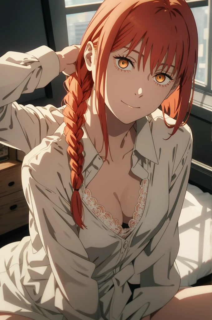 hand \(Chainsaw Man\),, One Girl, only, sit, Redhead, Long braided hair, Golden Eyes, White lace panties, Mid-chest, Open white shirt, Perfect collarbone, （White lace panties）, (just:1.2), look up , (close:1.3), , Upper Body, Highest quality, Glowing Skin, Highest quality, High resolution, , bed