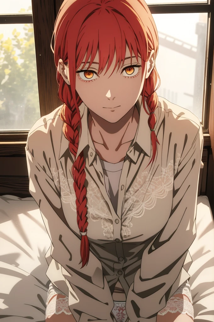 hand \(Chainsaw Man\),, One Girl, only, sit, Redhead, Long braided hair, Golden Eyes, White lace panties, Mid-chest, Open white shirt, Perfect collarbone, (White lace panties), (just:1.2), look up , (close:1.3), , Upper Body, Highest quality, Glowing Skin, Highest quality, High resolution, , bed