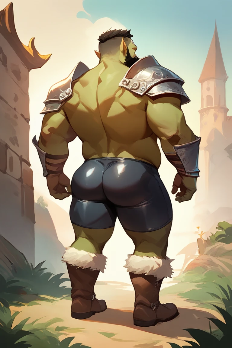 score_9, score_8_up, score_7_up, solo, male focus, chubby male, orc, green skin, tusks, beard, outdoors, micro armor , shoulder armor, breastplate, day, boots , (( black micro tight shorts )) , full body , massive ass , backside , back side
