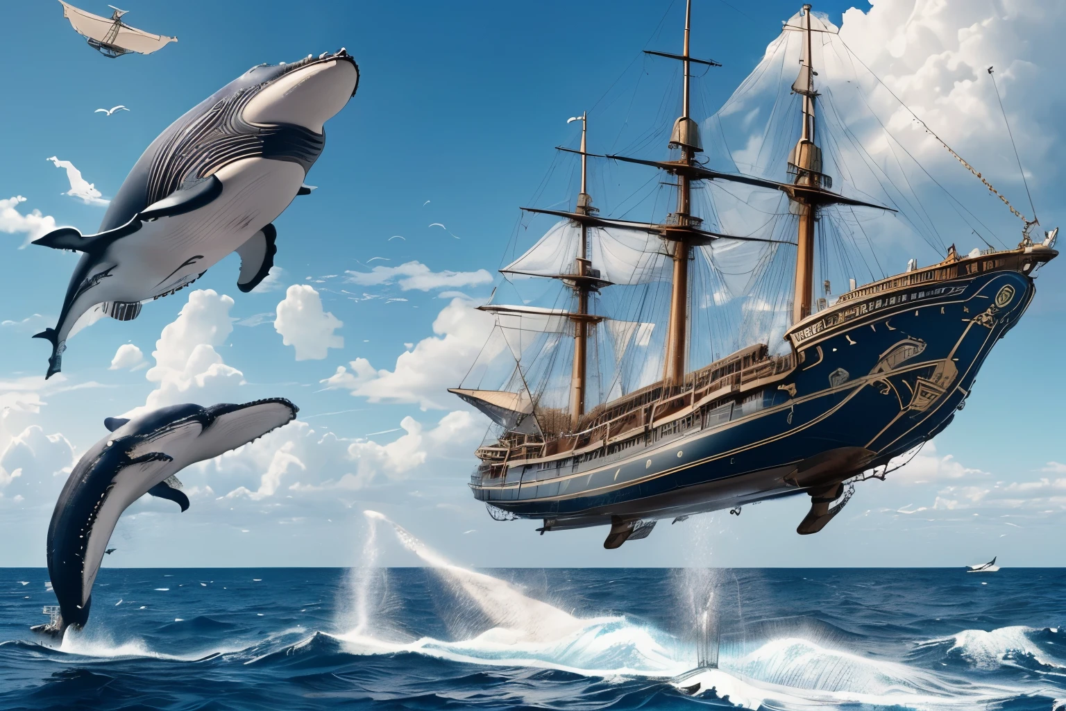 (Realistic whale flying in the sky、Equipped with anti-gravity device:1.4)、(Steampunk steam ship flying in the sky:1.2)、(A whale and a sailing ship fly side by side in the sky:1.2)、Fantastic World、(Steampunk World)、Steampunk design、Detailed steampunk illustration、delicate and dynamic、