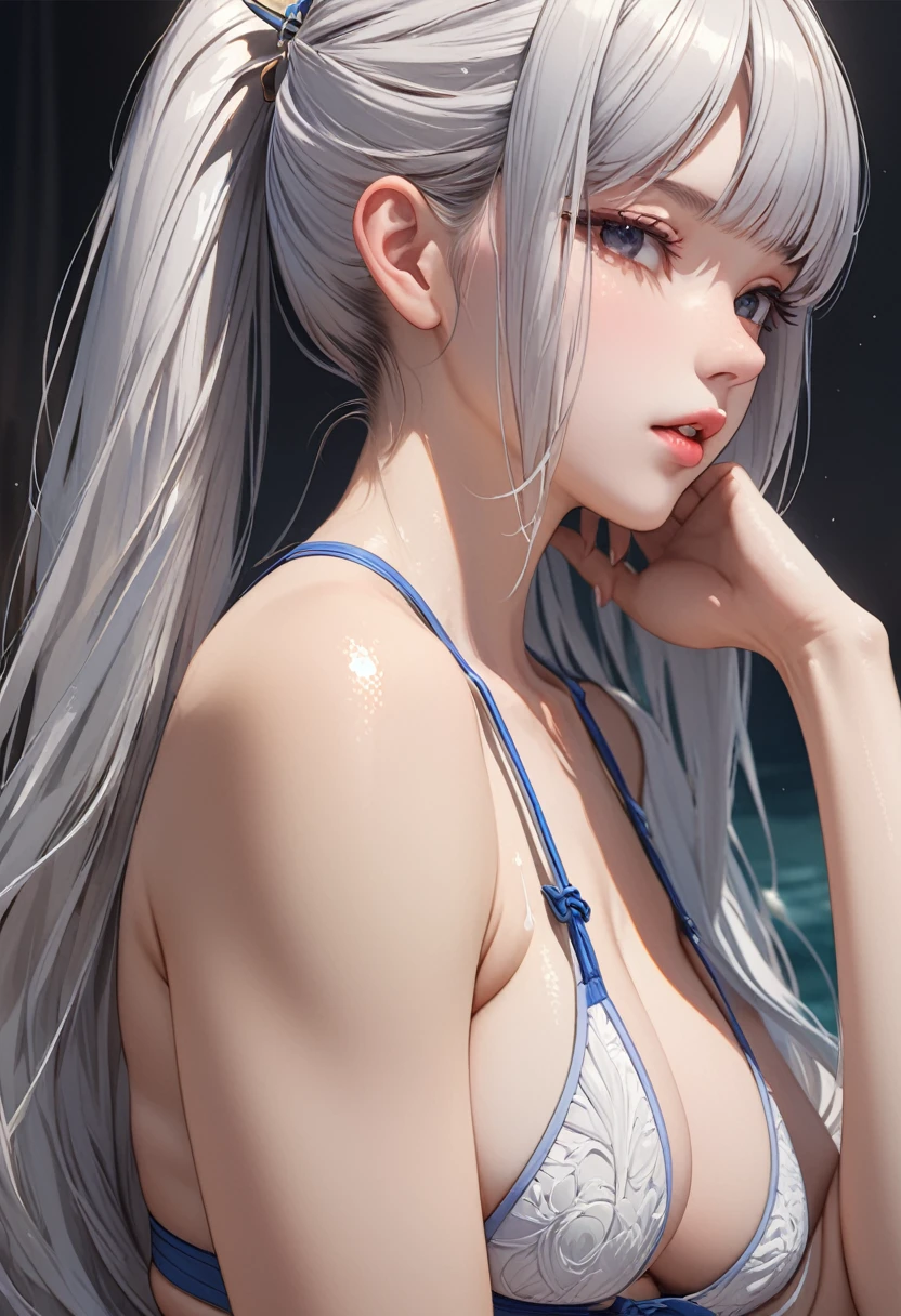 ultra detailed, hyper detailed, best quality, highres, 4K , master piece, 1 female, 20-year-old, hime cut, ponytail,   swimsuit,