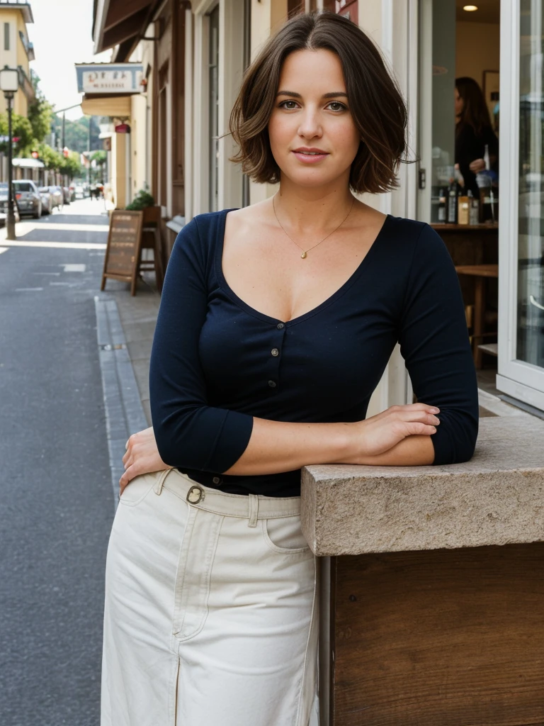 Madeline Lewis, 1girl, solo, (((consistent face and image))), ((brunette hair)), ((cranky hair)), ((40 years old chubby)), realistic, photorealistic, ((short hair)), (((Caucasian mature woman))), (Swiss woman), (Swiss nose), (Swiss thick lips), ((chubby)), posing outside the coffee shop of France, smirking, wearing In style in trend Generation-Z modern wear different colored, showing small uncanny teeth, leaning, standing