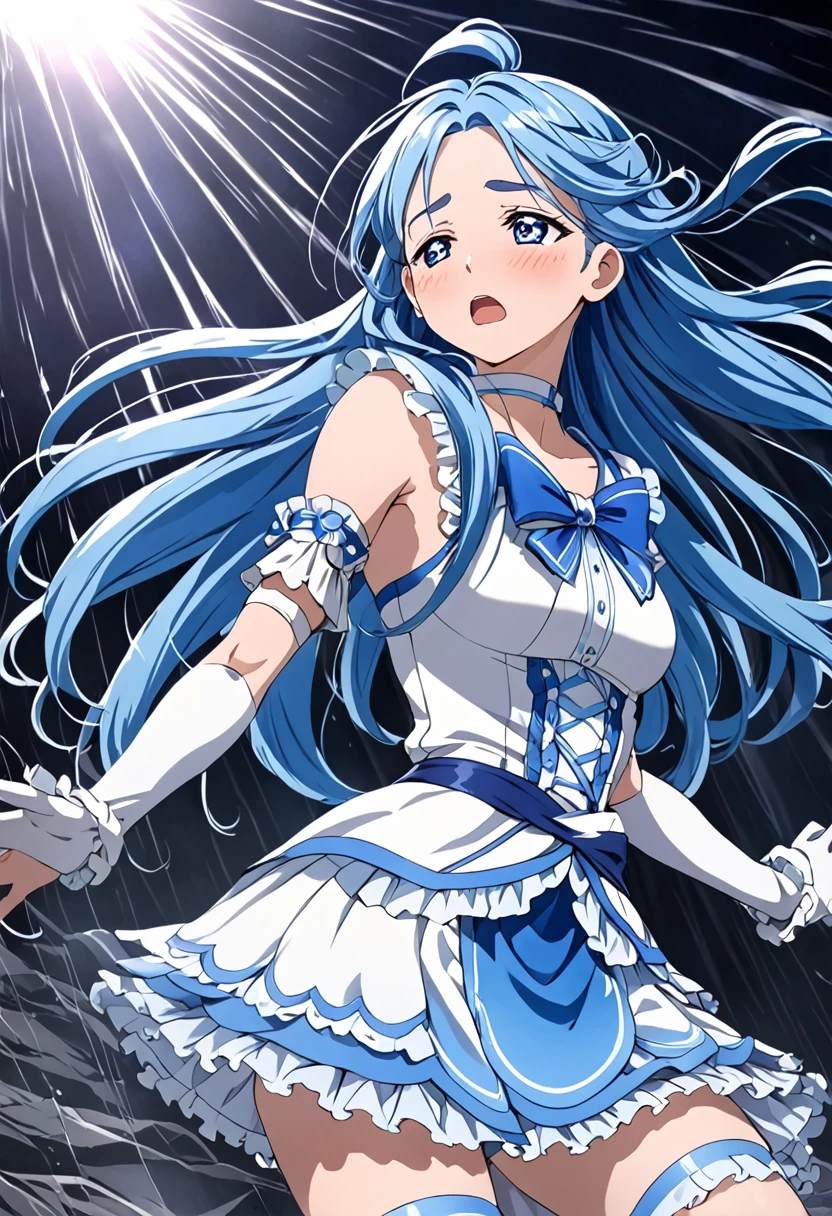 (Suffering from being held by a muscular man:1.5)、Cure White,Chest ribbon, mini skirt, white choker, thigh straps, elbow gloves, detailed hair and outfit, long flowing blue hair, white and blue frilly dress, white gloves and boots, blushing, feeling pain, suffering from arm being bitten by enemy, dynamic and intense scene, background with sound waves, eyes closed, masterpiece, best quality, highly detailed background, perfect lighting, (beautiful, best quality: 1.1), masterpiece, perfect eyes, (beautiful), (erotic: 1.2)