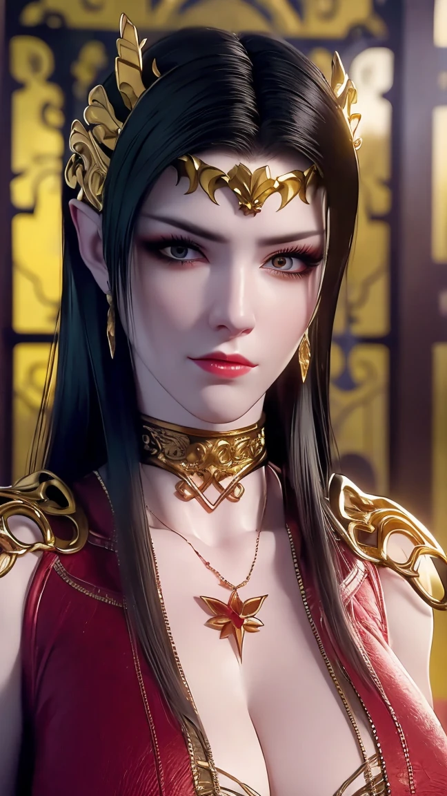 (lifelike, high resolution:1.3), 1 girl with a perfect body, The face shape and eyes are super beautiful,Long hair, Big ,Exposing cleavage 5)),, lightning, Surrealistic graphics, 最lifelike的图形, 1 girl, Dressed in gold,full-body shot