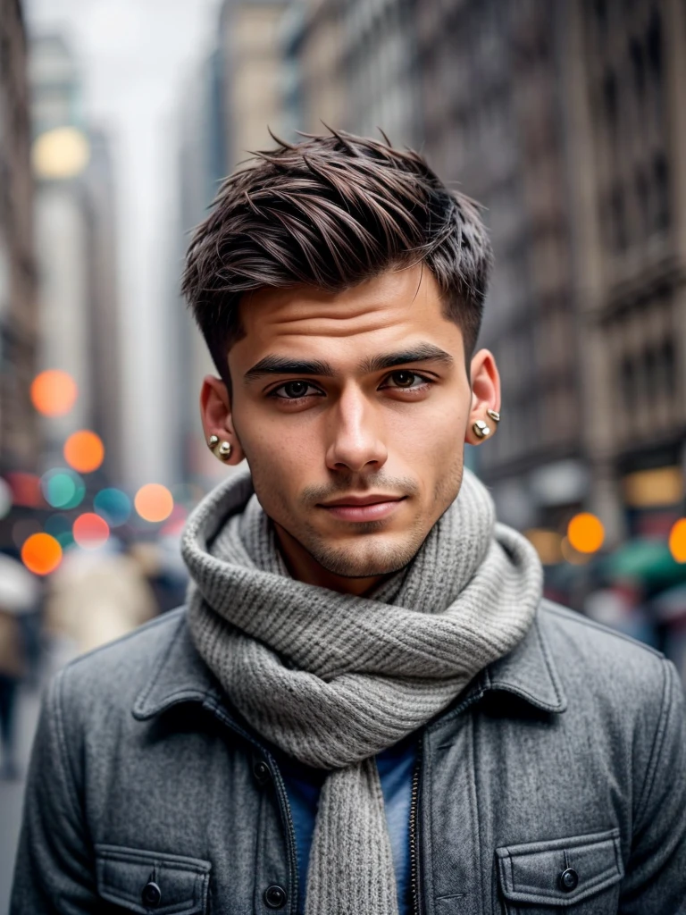 photo of a young man, jacket, ear studs, gray scarf, sweater, short windswept light brown hair, fit, beautiful, (effeminate), (shaved), eyeliner, standing on the walkway, background is a crowded street, bokeh, rain, humid, overcast, artificial lights, detailed face and eyes, higly detailed skin, 8k uhd, sharp focus, professional, best quality