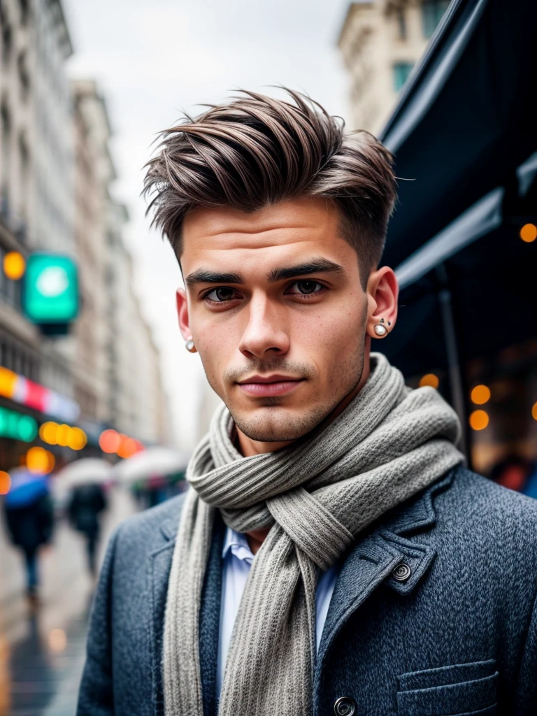 photo of a young man, jacket, ear studs, gray scarf, sweater, short windswept light brown hair, fit, beautiful, (effeminate), (shaved), eyeliner, standing on the walkway, background is a crowded street, bokeh, rain, humid, overcast, artificial lights, detailed face and eyes, higly detailed skin, 8k uhd, sharp focus, professional, best quality