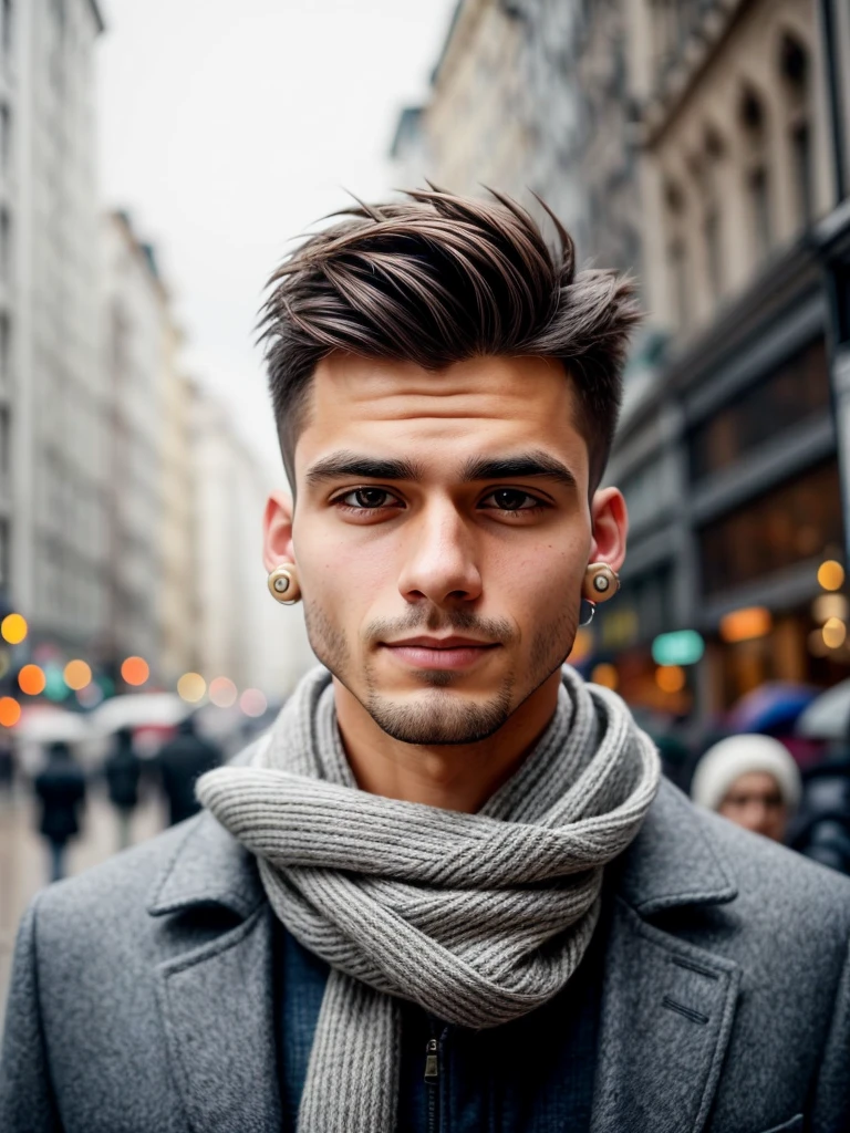 photo of a young man, jacket, ear studs, gray scarf, sweater, short windswept light brown hair, fit, beautiful, (effeminate), (shaved), eyeliner, standing on the walkway, background is a crowded street, bokeh, rain, humid, overcast, artificial lights, detailed face and eyes, higly detailed skin, 8k uhd, sharp focus, professional, best quality