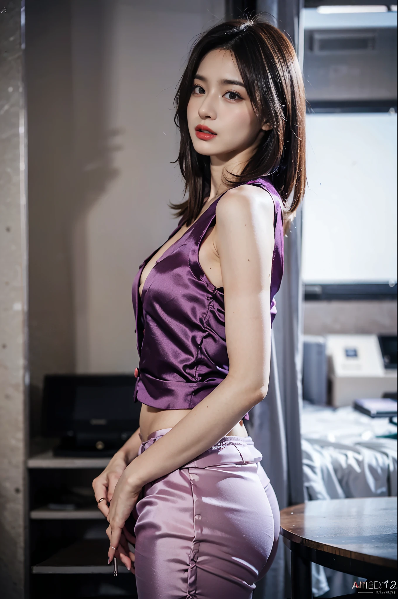 （best qualtiy，8k，32K，tmasterpiece，，realisticlying，The is very detailed, hyper HD：1.2），1girll, Female celebrities，Exquisitehands, a narrow waist，Purple top，Open jacket，office  lady，Business suit，trouser，from back，office room，Office desk，（stick out buttocks：1.2），Cocked buttocks,Detailed face，short detailed hair，absurderes,Background bokeh, satin flowing pant, protruding beautiful wide hips