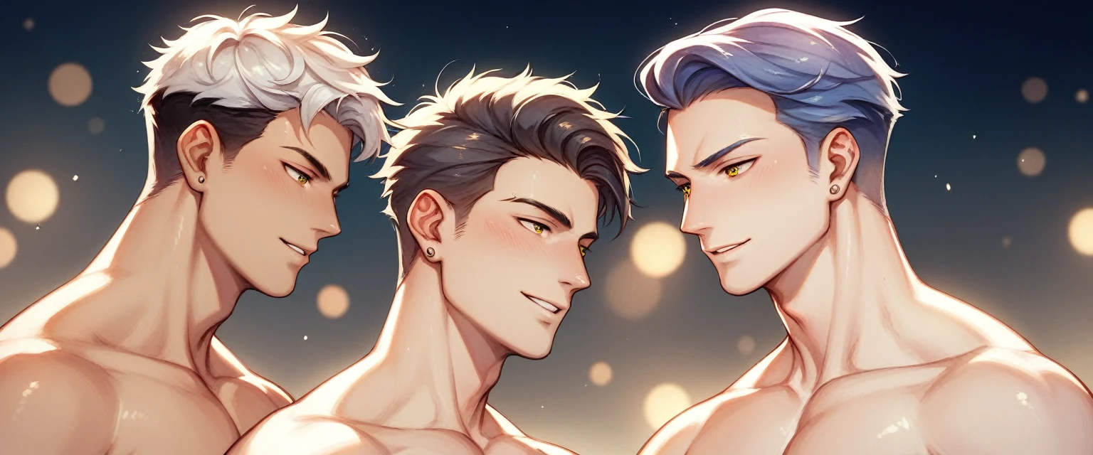 best quality, masterpiece, extremely detailed, close up of five men of different races and builds standing next to each other, each have different hairstyles, watercolor image of oriental phoenix in the background, gay, homoerotic, romantic atmosphere, ambient lighting, extremely dramatic shadows, perfection, no watermark, no logo, no signature