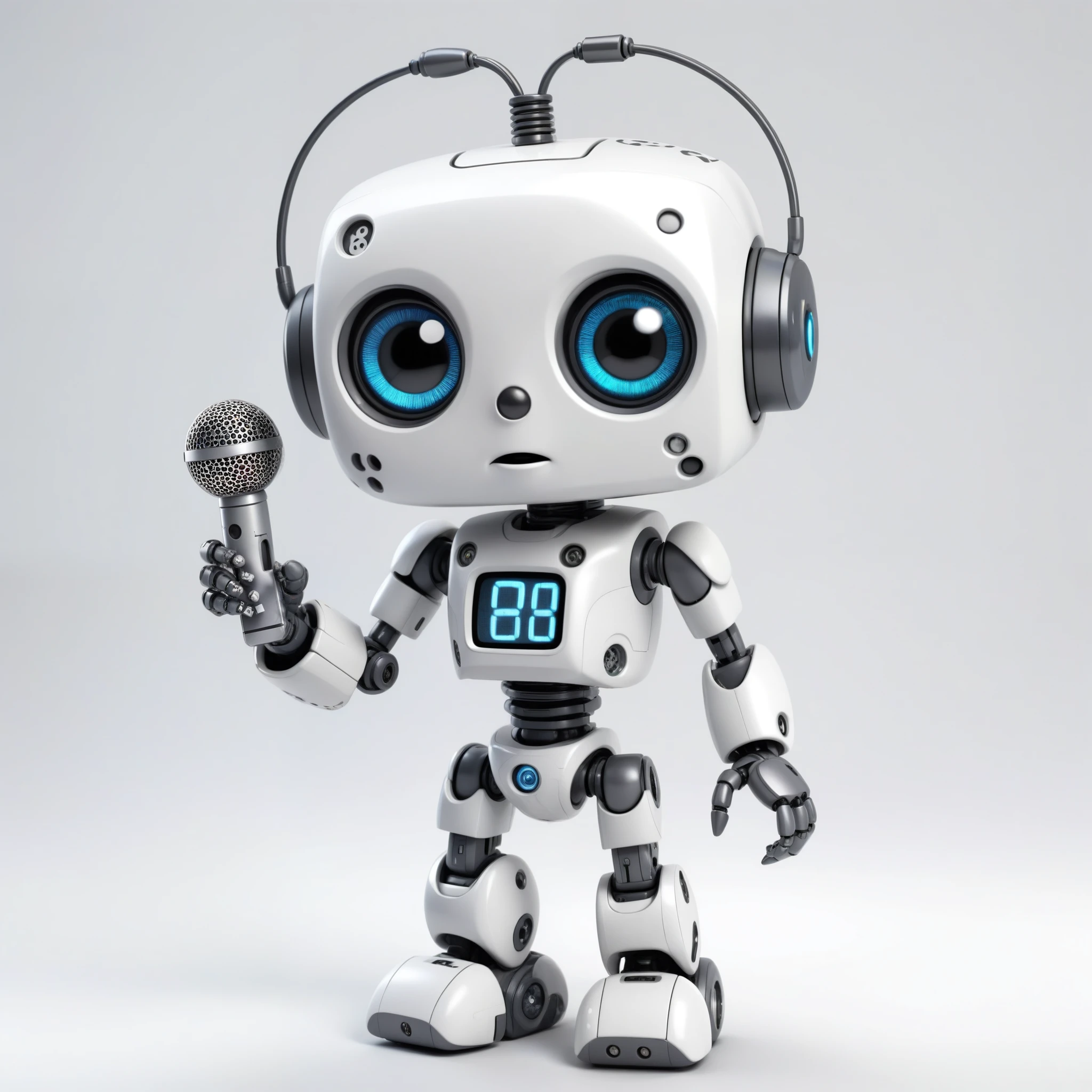 「Lost in the digital world」、A cartoon-style robot with a dice motif,A cute robot、Big eyes,antenna,Electronic display panel on chest、Holding the microphone close to his mouth while speaking、whole body、Background is white、