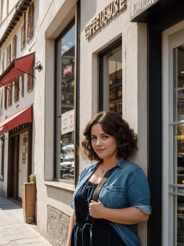 Madeline Lewis, 1girl, solo, (((consistent face and image))), ((brunette hair)), ((cranky hair)), ((40 years old chubby)), realistic, photorealistic, ((short hair)), (((Caucasian mature woman))), (Swiss woman), (Swiss nose), (Swiss thick lips), ((chubby)), posing outside the coffee shop of France, smirking, standing, wearing In style in trend Generation-Z modern wear different colored, showing small uncanny teeth