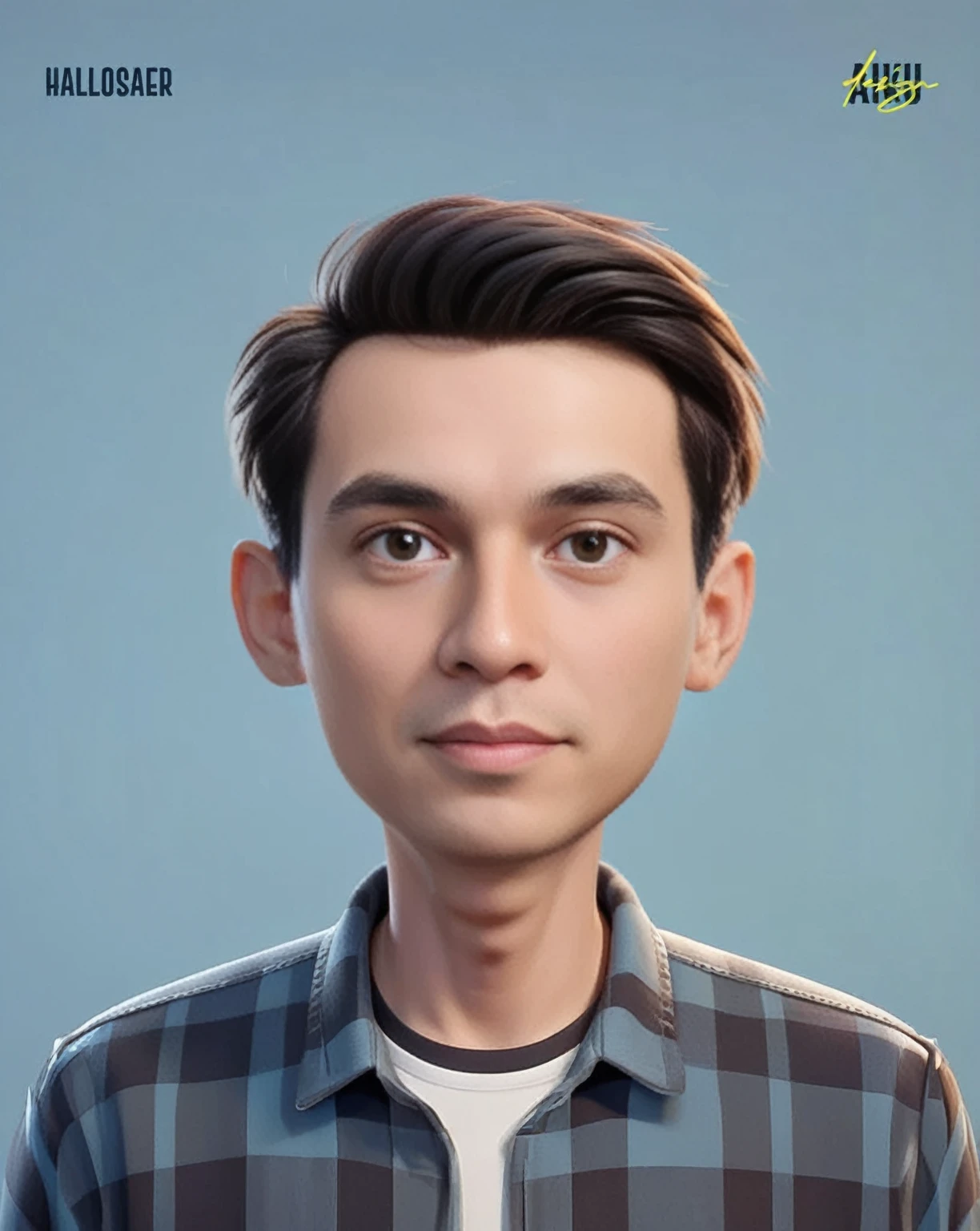 Create a half body portrait of cartoonish caricature 3D animation of a big-headed. a 25 years old Pakistani man. She has short black pixie cut hair. His face is oval with smooth lines, thick and neat black eyebrows, normal eyes, a small, sharp nose, and thin lips with a wide, friendly smile. He wore a dark hoodie with blue jeans. Gradient blue background. masterpiece, top quality, highly detailed skin and face, ultra-realistic, high definition, sharp focus, Concept Art. 