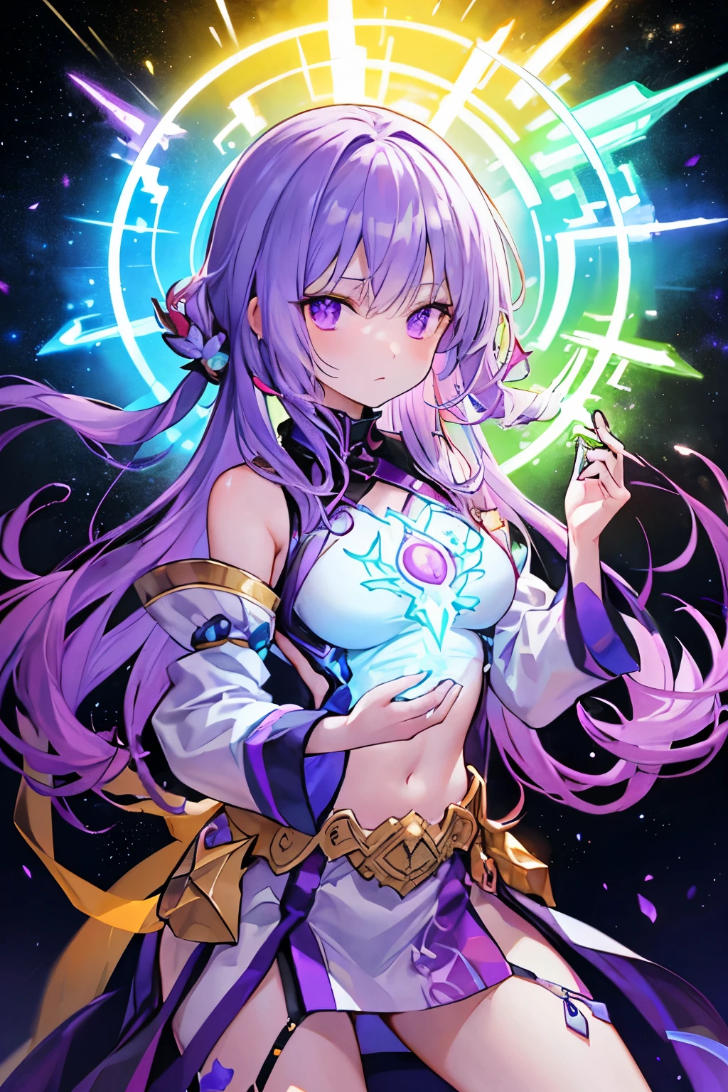 Seven-color glow stick interference, purple hue ethereal surreal, translucent energy woman, buff glowing wise monk, hot oil cooling meditation, chakra protection, cosmic meditation, unreal matter
