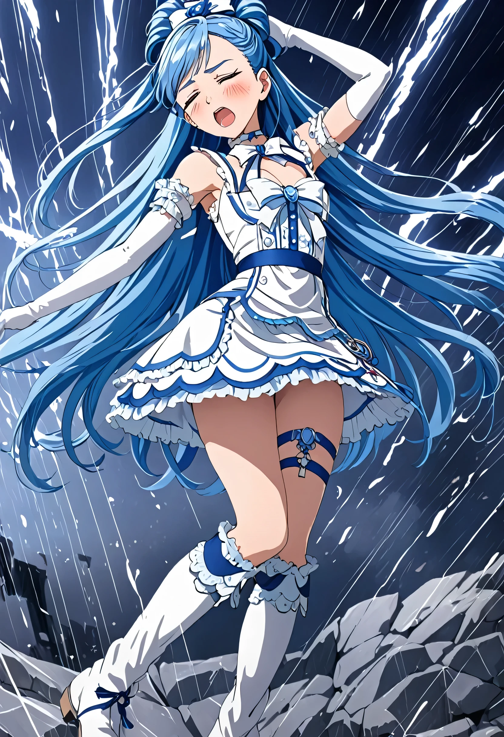 Suffering from being held by a muscular man、Cure White,Chest ribbon,  mini skirt, white choker, thigh straps, elbow gloves, detailed hair and outfit, long flowing blue hair, white and blue frilly dress, white gloves and boots, blushing, feeling pain, suffering from arm being bitten by enemy, dynamic and intense scene, background with sound waves, eyes closed, masterpiece, best quality, highly detailed background, perfect lighting, (beautiful, best quality: 1.1), masterpiece, perfect eyes, (beautiful), (erotic: 1.2)