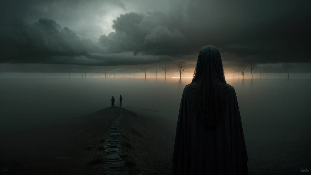 realistic image taken from a dark scary nightmare that reflects melancholy, let it be dark with a sad sky, en horizontal estilo Zdzisław Beksiński