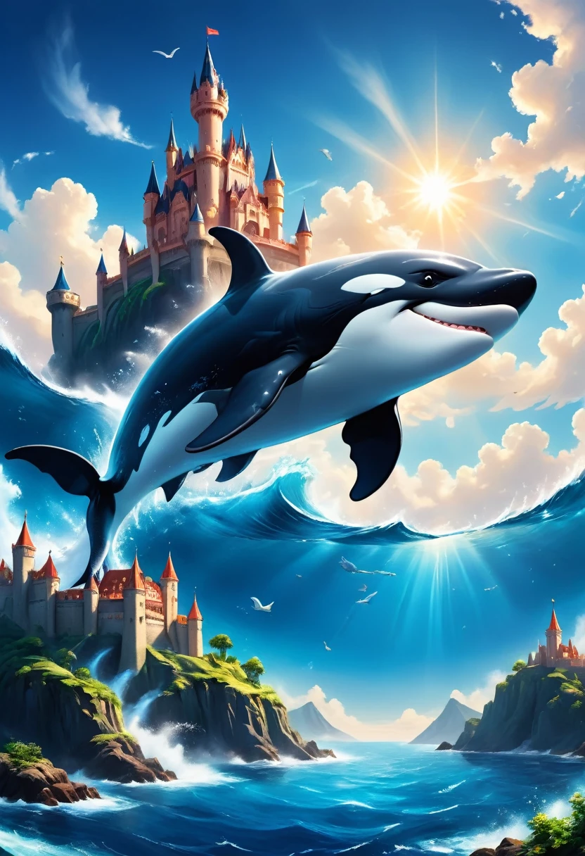 a digital paining of whale flying over castle in the middle of the sea, a giant whale an (epic killer whale: 1.3), (anatomically correct: 1.3) flying over a fantasy (castle at sea: 1.2), the castle is big with towers and turrets, its a wavy sea, its a sunny day, sun rays, Ultra-high resolution, High Contrast, (masterpiece:1.5), highest quality, Best aesthetics), 16K fantasy art, best details, best quality, highres, (ultra wide angle: 1.2), 16k, [ultra detailed], masterpiece, best quality, (extremely detailed),  magical sky, digital painting