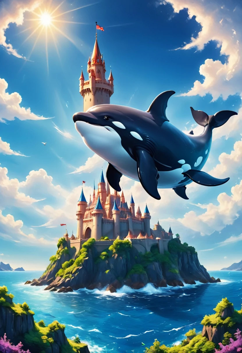 a digital paining of whale flying over castle in the middle of the sea, a giant whale an (epic killer whale: 1.3), (anatomically correct: 1.3) flying over a fantasy (castle at sea: 1.2), the castle is big with towers and turrets, its a wavy sea, its a sunny day, sun rays, Ultra-high resolution, High Contrast, (masterpiece:1.5), highest quality, Best aesthetics), 16K fantasy art, best details, best quality, highres, (ultra wide angle: 1.2), 16k, [ultra detailed], masterpiece, best quality, (extremely detailed),  magical sky, digital painting