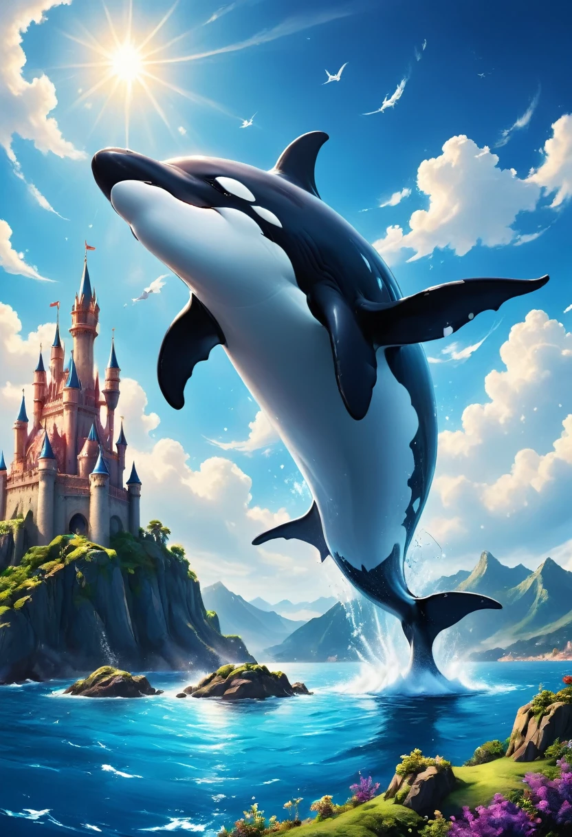 a digital paining of whale (flying over a castle: 1.3) in the middle of the sea, a giant whale an (epic killer whale: 1.3), (anatomically correct: 1.3) flying over a fantasy (castle at sea: 1.2), the castle is big with towers and turrets, its a wavy sea, its a sunny day, sun rays, Ultra-high resolution, High Contrast, (masterpiece:1.5), highest quality, Best aesthetics), 16K fantasy art, best details, best quality, highres, (ultra wide angle: 1.2), 16k, [ultra detailed], masterpiece, best quality, (extremely detailed),  magical sky, digital painting