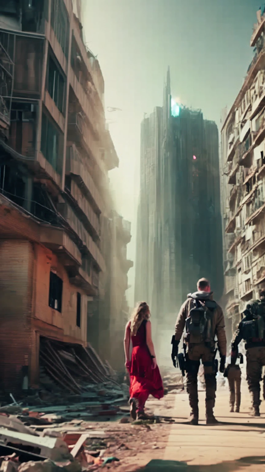 Post-apocalyptic future, cyberpunk theme. People with augmented bodies standing against the backdrop of a partially destroyed city, 4k , styled by star wars universe