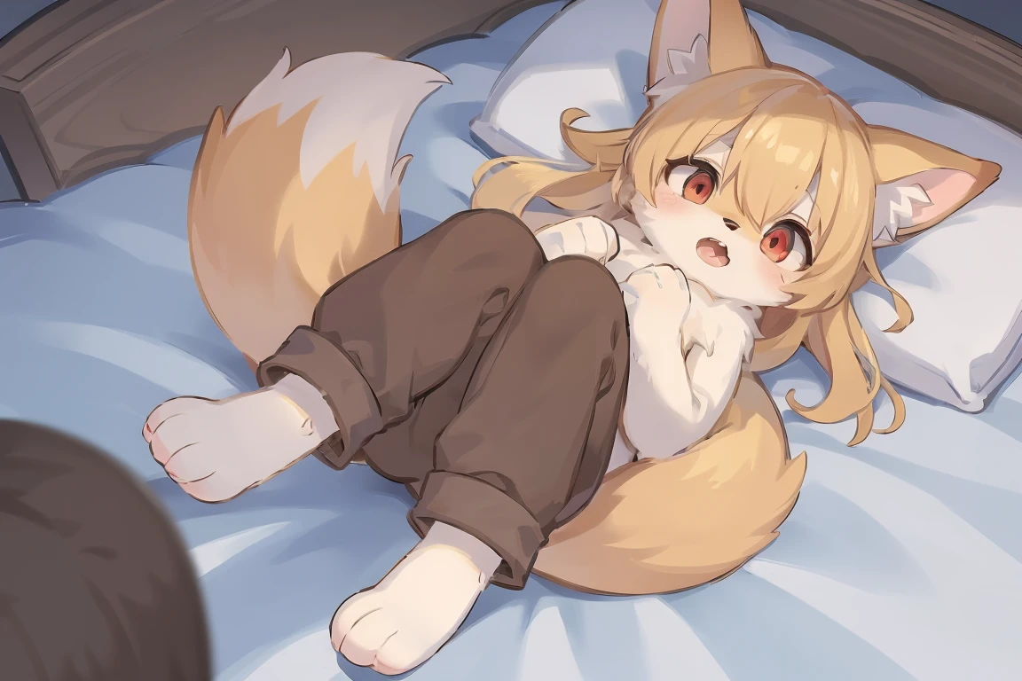 flat color, shota the fox, , was hairy, shaggy, skin fur, smooth lashes, golden fur, forelimb hands, straight long blonde hair, solid circle eyes, golden ears, golden fur, golden facial fur, shiny hair, red eyes, super cute face, 1fox tail, fluffy tail, furry tail, glowing eyes, naked, brown trousers, open mouth, sleeping on bed, ambient light, ultra-fine fur, dashed eyes, masterpiece, high quality, high-details, best quality, (solo)