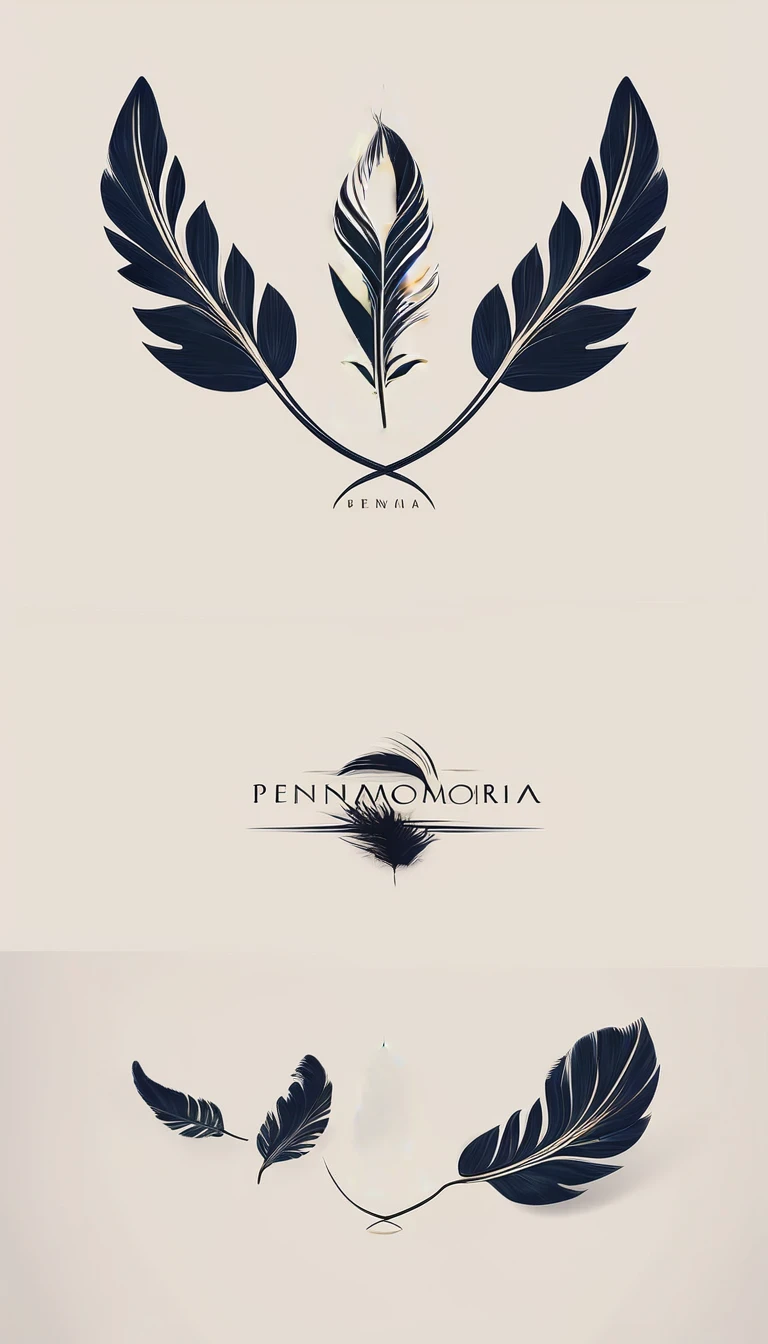 A minimal, modern, simple, cinematic logo design for the brand “Penamemoria". Create a modern, minimalistic, high-quality, logo of a feather that convey a sense of memories and dreams